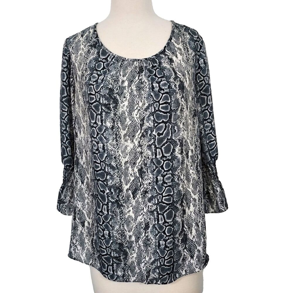 Est 1946 Snake Print Shirt Blouse Size Large Lightweight Gray Keyhole 3/4 Sleeve